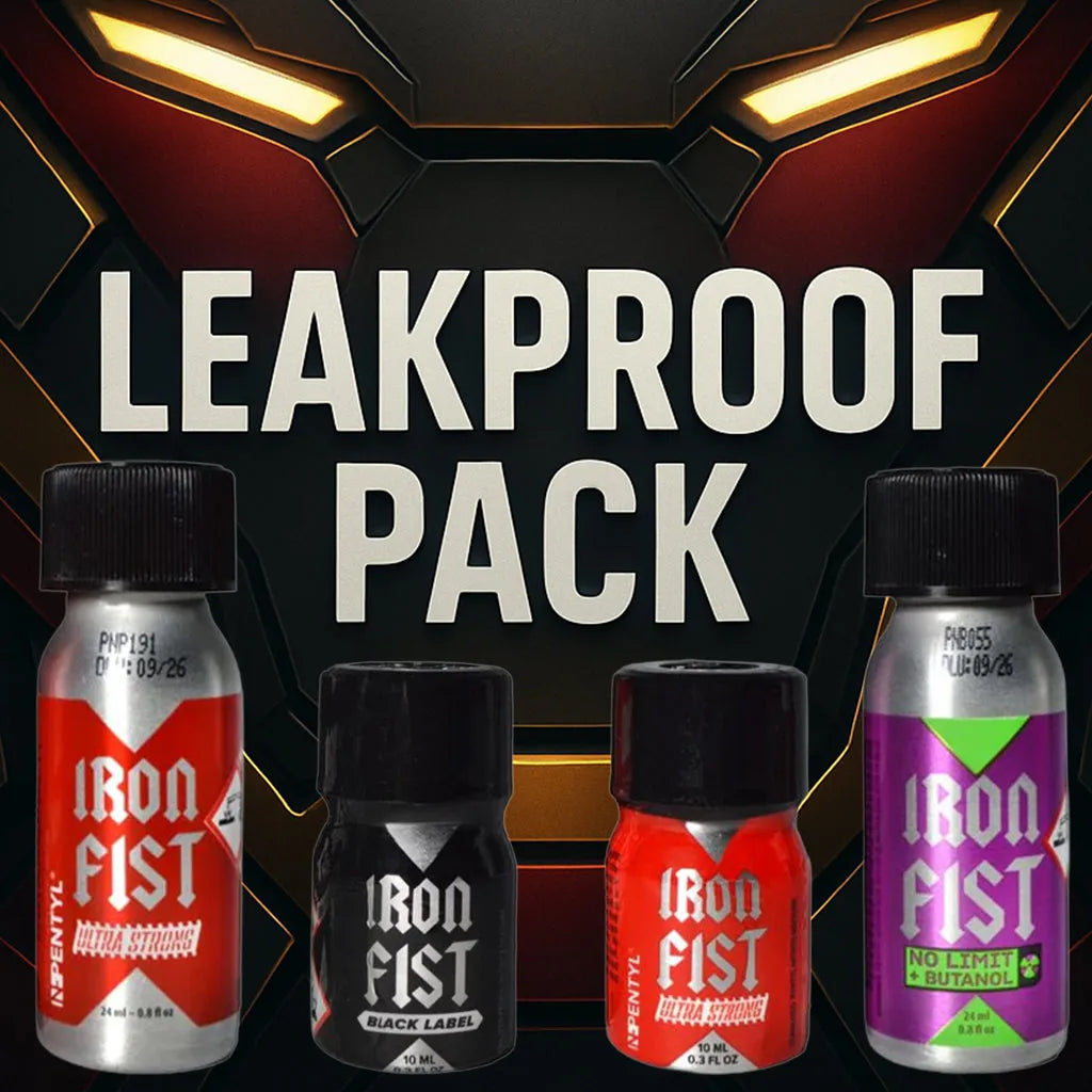 'Leakproof Pack' selection of colourful Iron Fist poppers bottles on an iron man-themed background