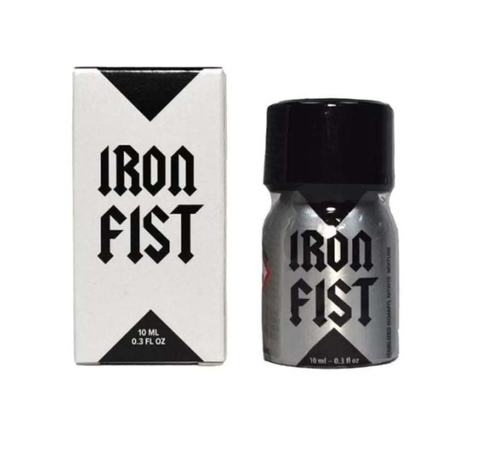 Iron Fist poppers bottles and packaging in a silver & black colour scheme on a white background