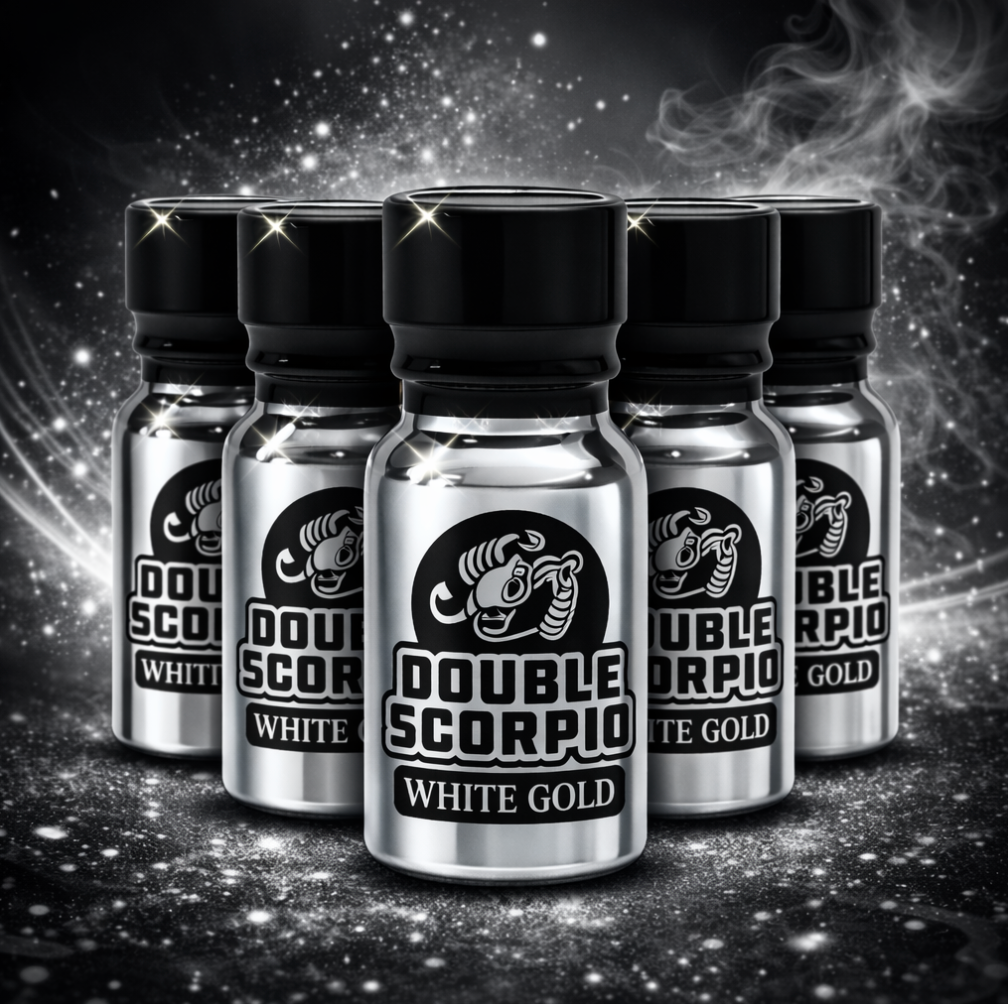 Five bottles of Double Scorpio White Gold poppers on a dark background with star-like particles.