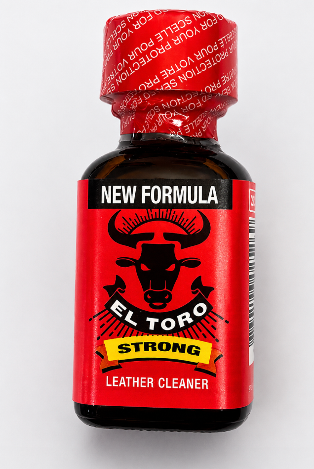 Red 'new formula' El Toro Strong Leather Cleaner poppers bottle on a white background