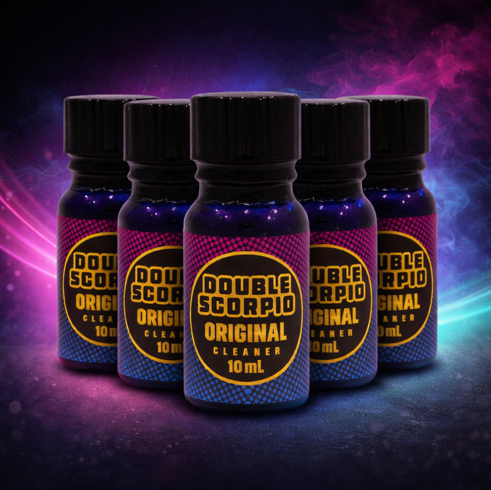 5 bottles of Double Scorpio Original Cleaner 10ml on a dark background with purple & blue lighting.