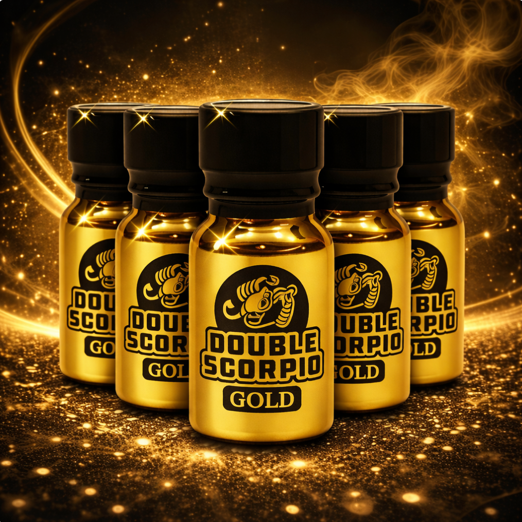 Five gold bottles of Double Scorpio Gold poppers with a glowing background.