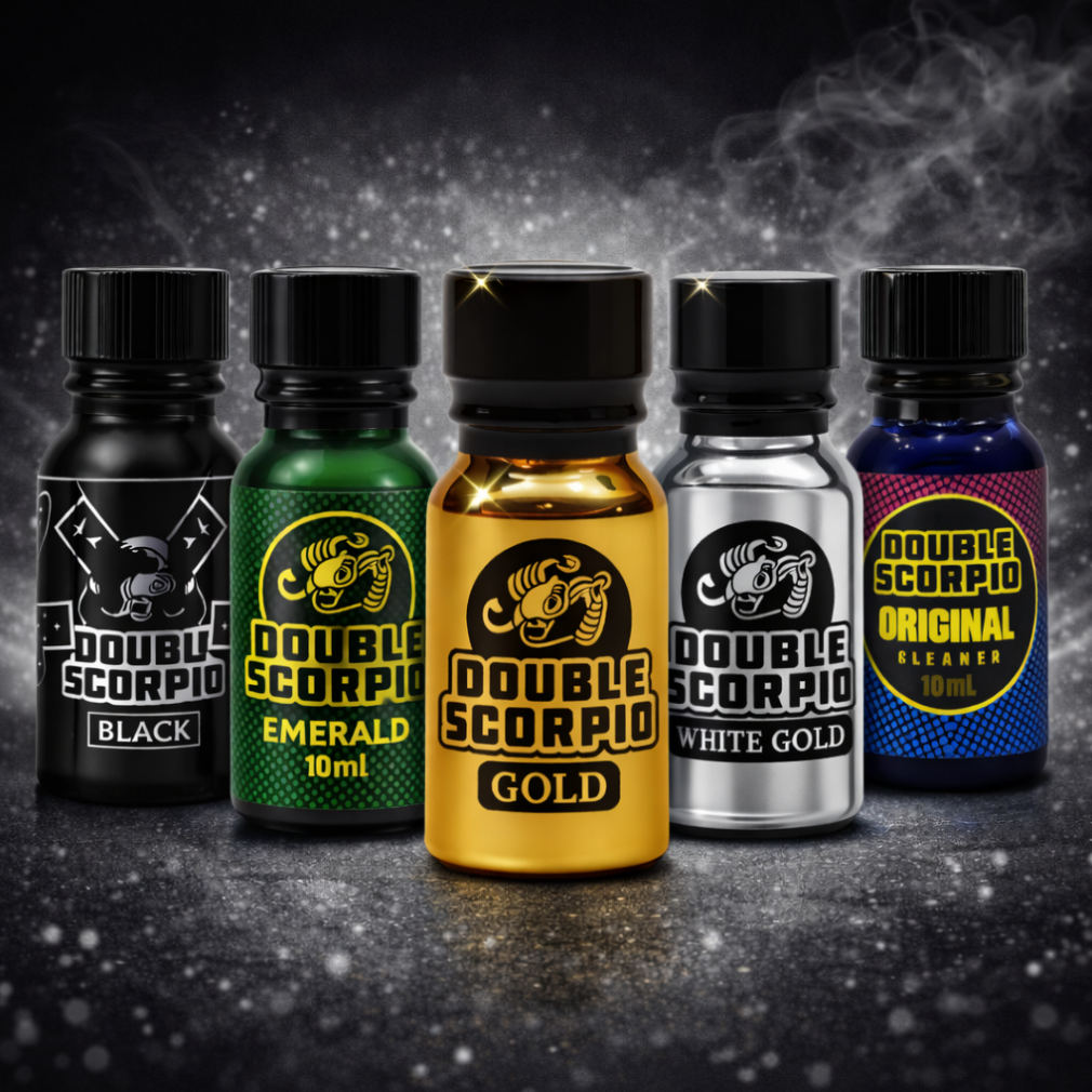 Five bottles of Double Scorpio poppers including Gold, Black, Emerald, White Gold & Original.