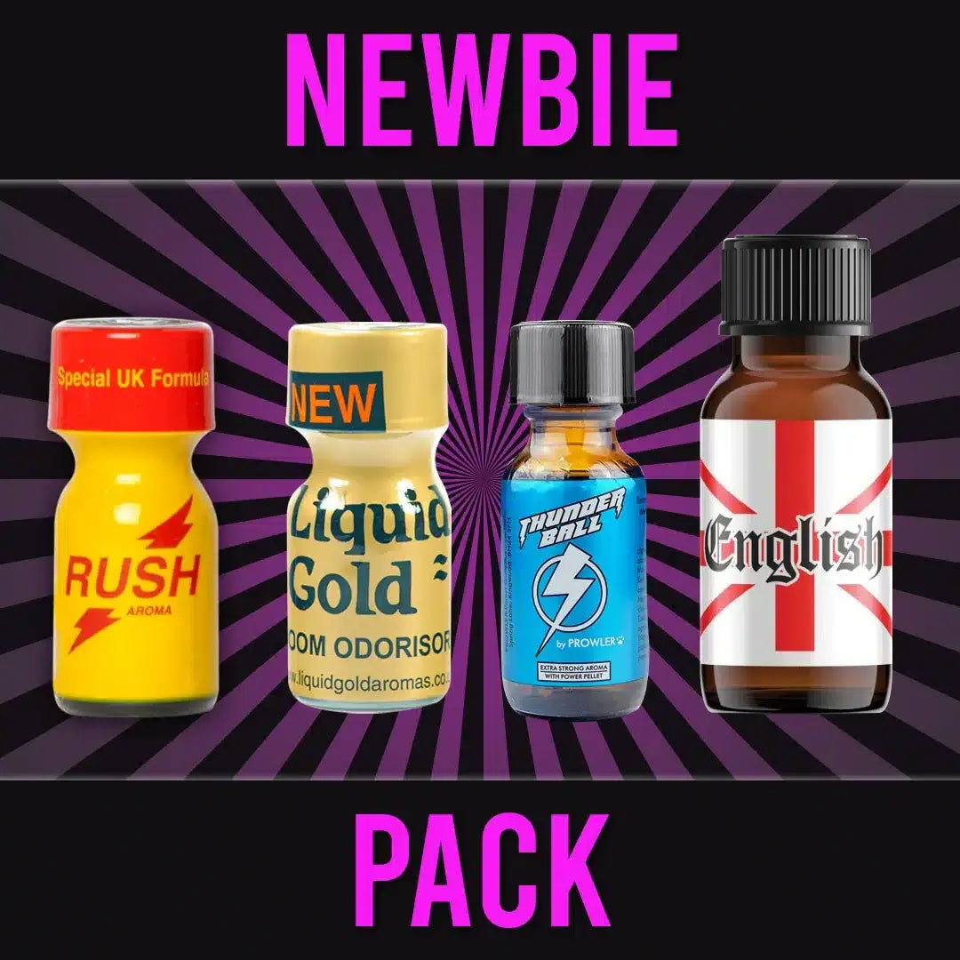 Newbie pack of four poppers including Rush Aroma, Liquid Gold, Thunder Ball, and English, displayed on a bold black and purple background, ideal for beginners in poppers collection