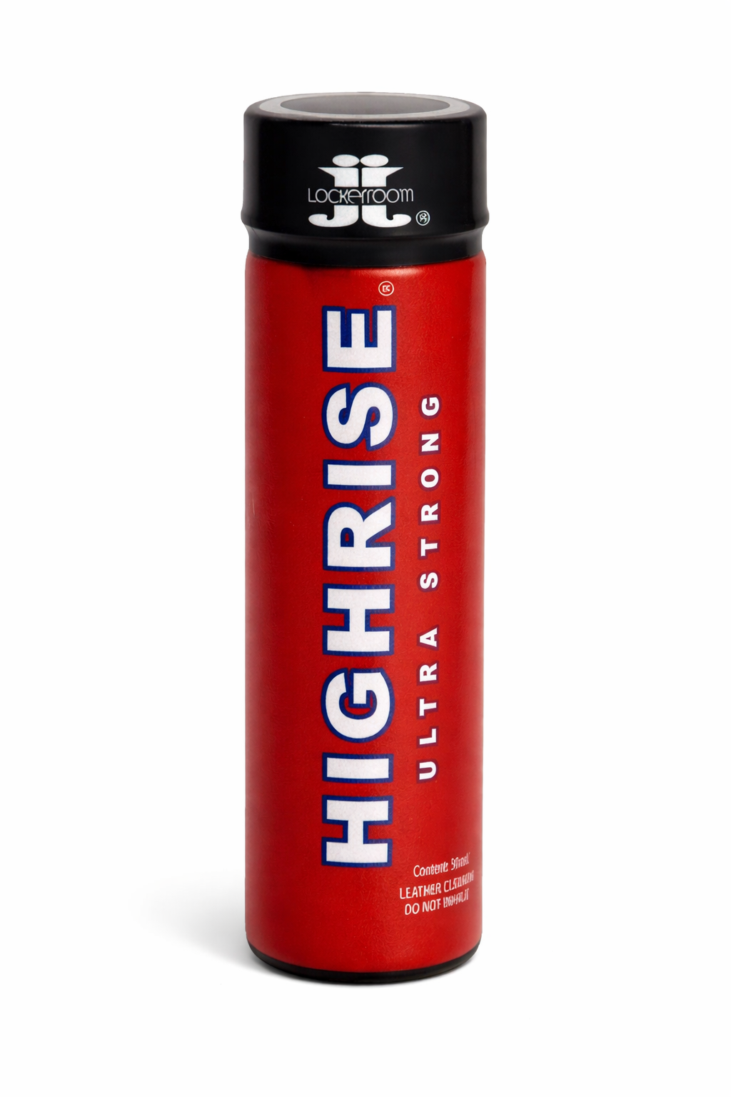 Red Lockerroom poppers can of Highrise Ultra Strong deodorant with black cap on a white background.