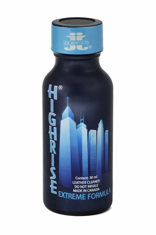 Lockerroom 30ml HighRise Extreme Formula poppers bottle with blue cap on a white background.