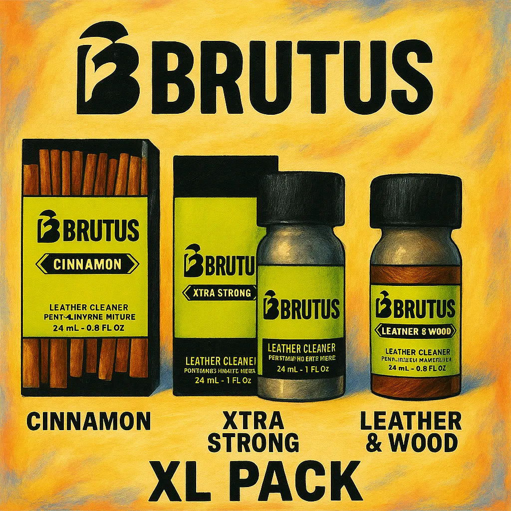 Selection of Brutus poppers products including Xtra Strong Leather Cleaner, Cinnamon, Leather & Wood