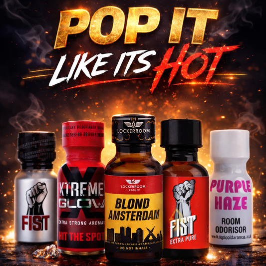 Selection of poppers bottles: Fist, Blond Amsterdam, Xtreme Glow & Purple Haze on a fiery background
