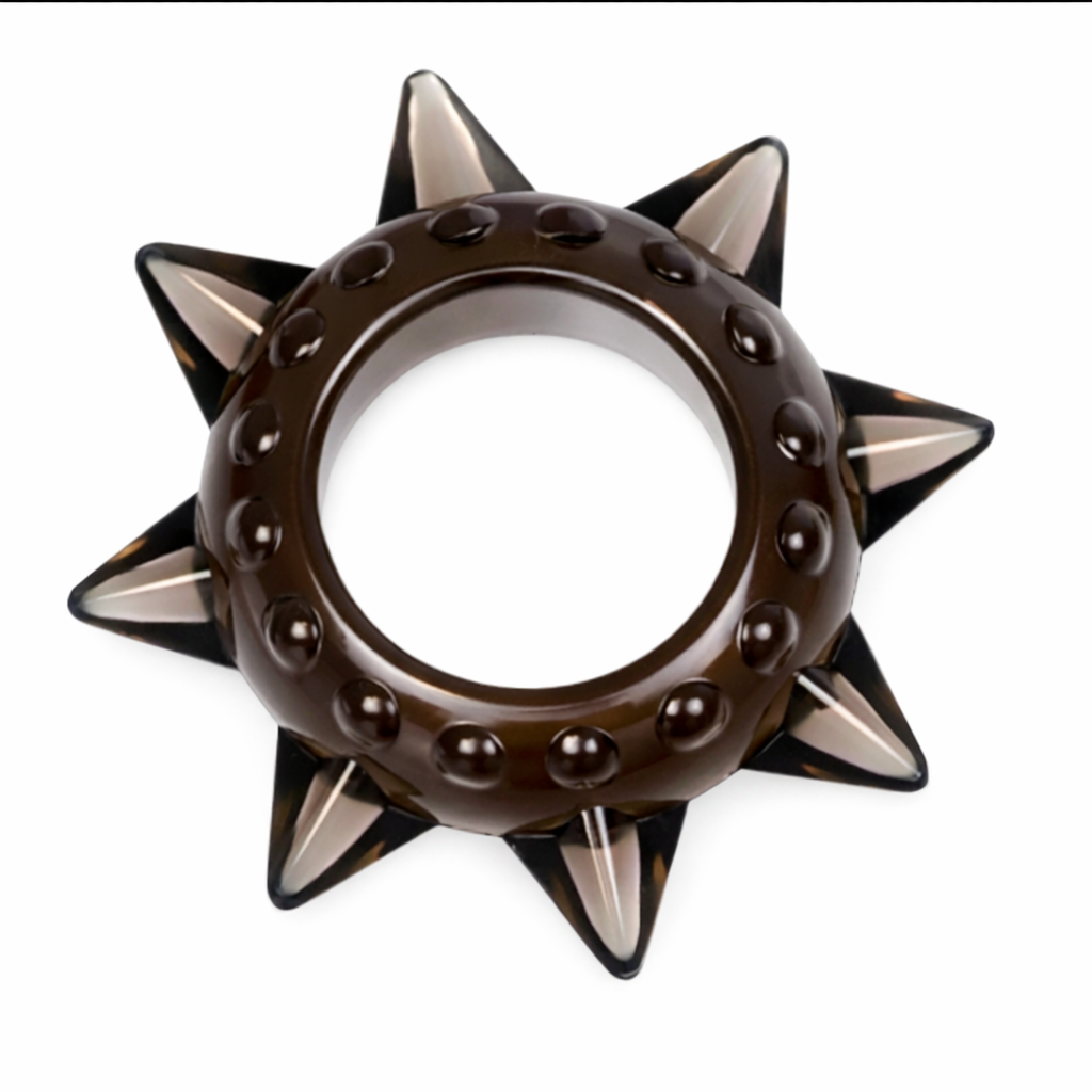 Brown octagonally-spiked tickler ring for male sexual health & pleasure on a white background.