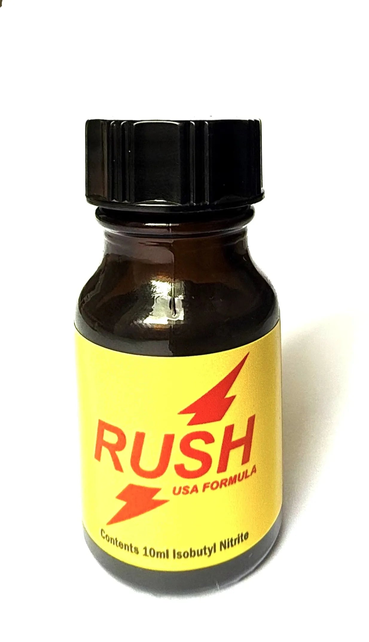 Rush 'USA Formula' 10ml isobutyl nitrite poppers bottle with a yellow label and red writing