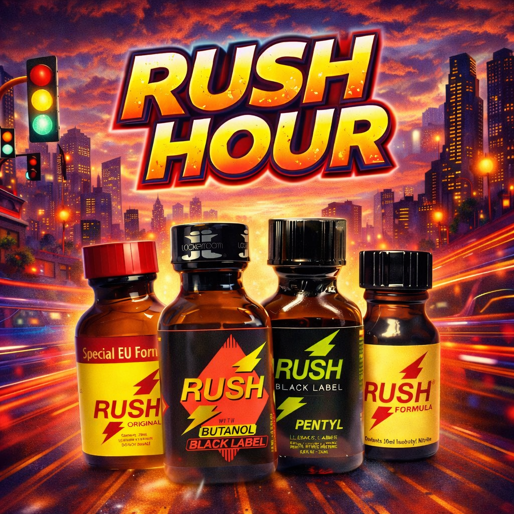 Rush Original & Black Label poppers bottles with black and red caps on a cityscape background.