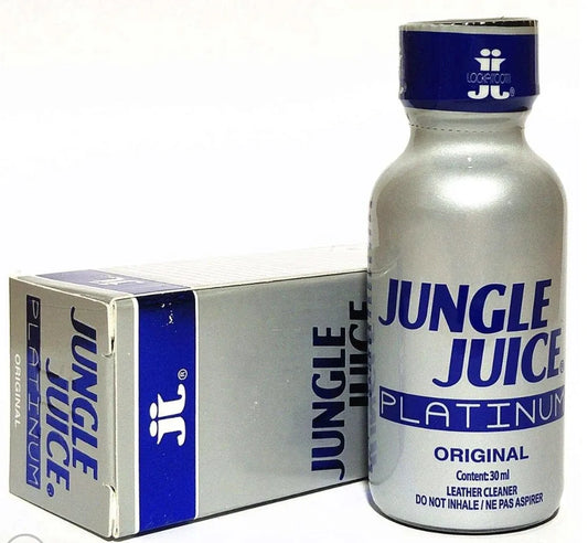 Jungle Juice Platinum poppers bottle and packaging in silver and blue on a white background
