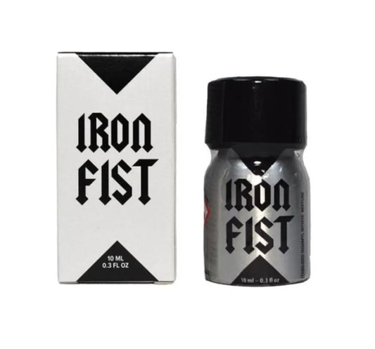 Iron Fist poppers bottles and packaging in a silver & black colour scheme on a white background