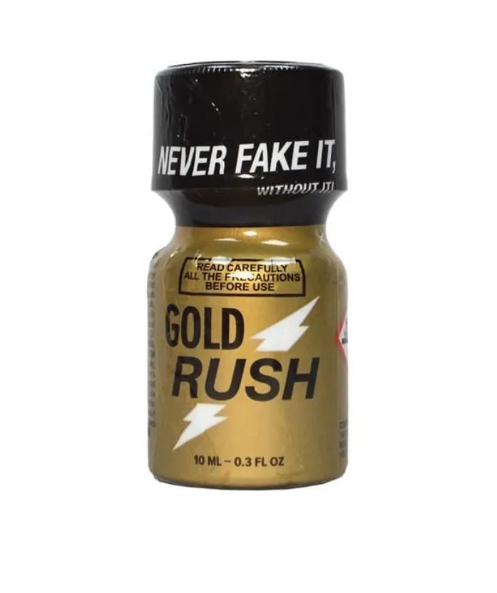 Lightning-themed, brown-labelled Gold Rush bottle of poppers on a white background