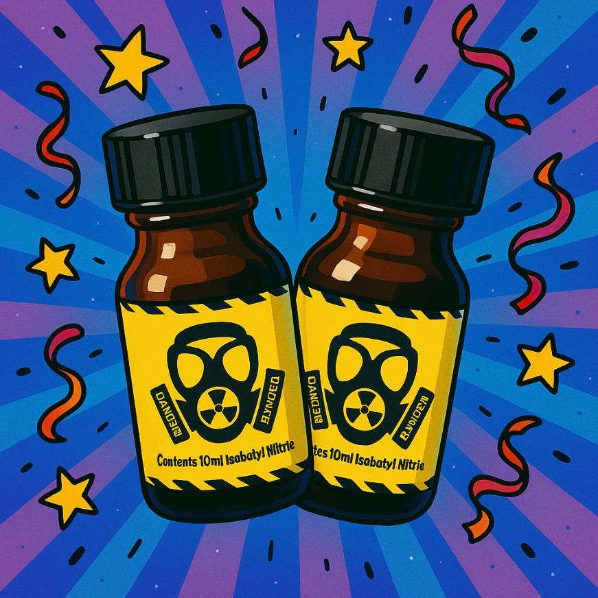 AI-generated image of isobutyl nitrite 10ml poppers bottles on a colourful background