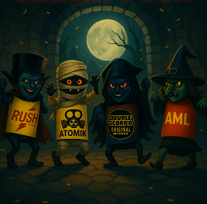Halloween characters wearing poppers brand bottles Rush, AML, Double Scorpio & Atomik as costumes