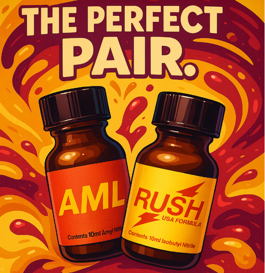 AML and Rush USA formula bottles dubbed 'the perfect pair' on a swirly colourful background.