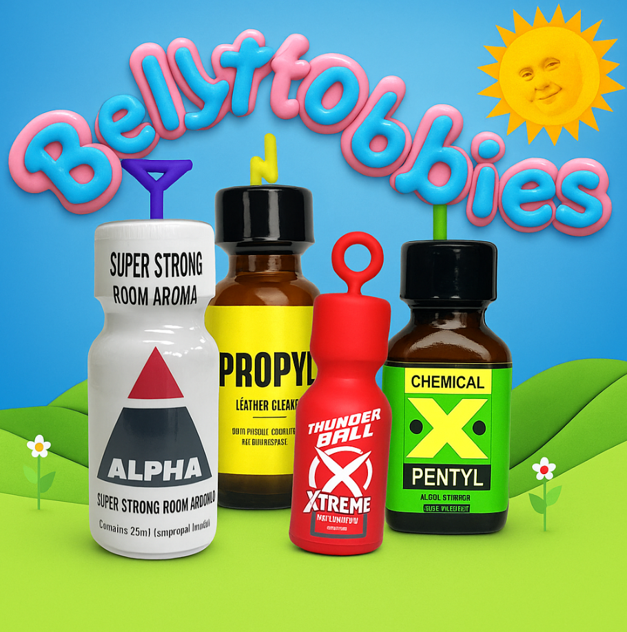 Alpha, Propyl, Thunder Ball Xtreme & X Pentyl poppers on a teletubbies-inspired background.