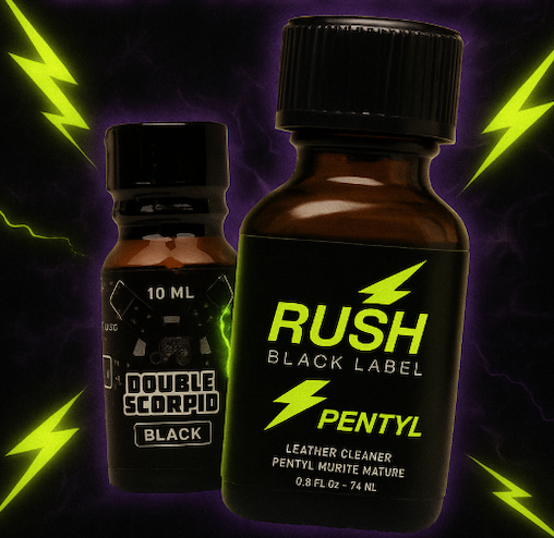 Rush pentyl poppers & Double Scorpio Black poppers on a lightning-themed purple background.