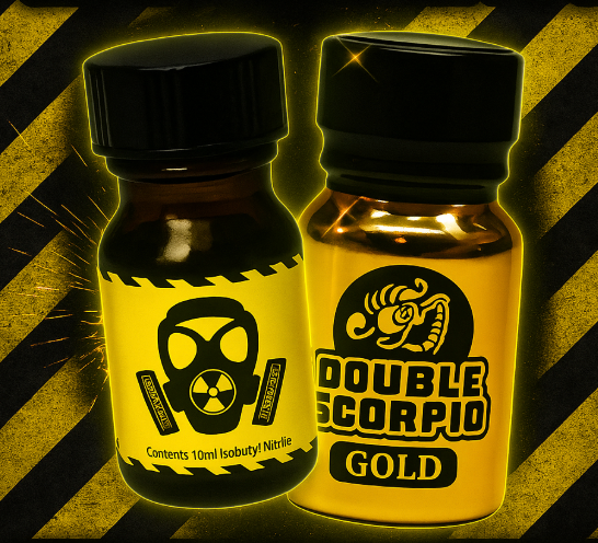 Two poppers bottle including Double Scorpio Gold with yellow labels on a black & yellow background.