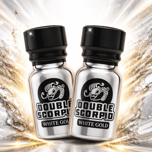 Two Double Scorpio White Gold bottles on a reflective surface with a metallic background.