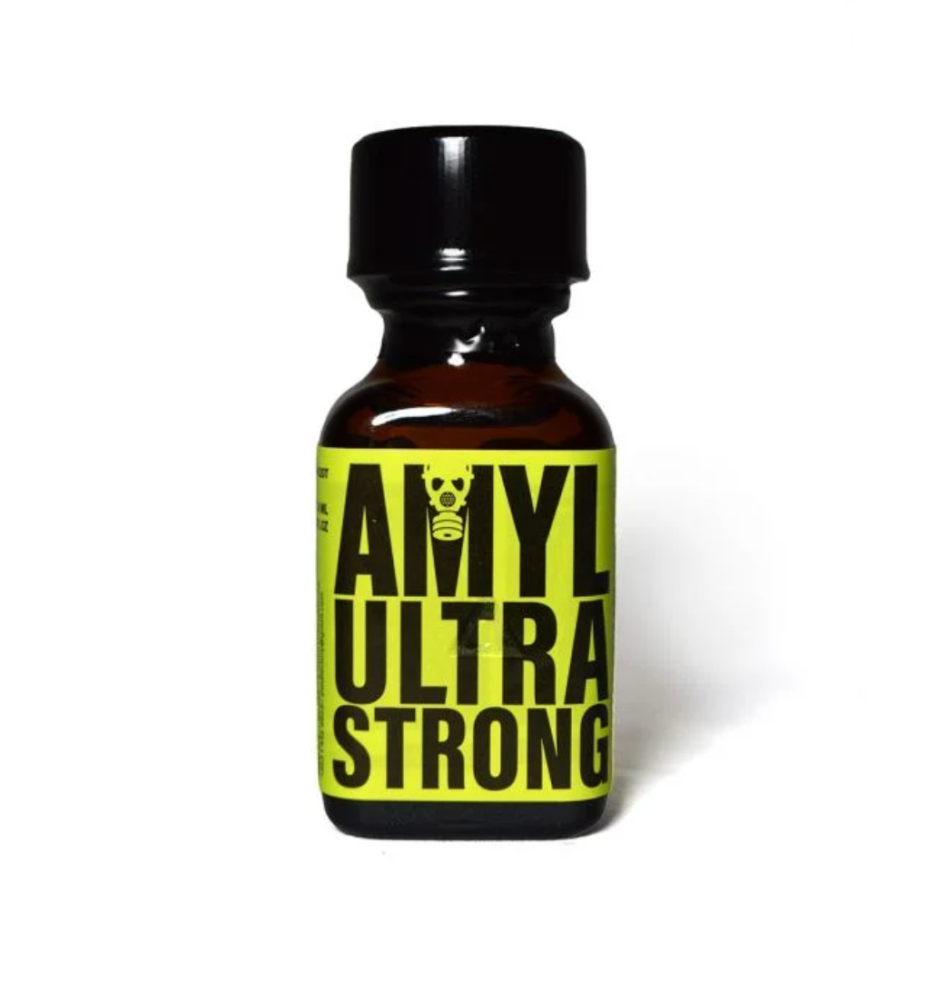 Amyl ultra strong 24ml poppers bottle with a black lid on a white background.