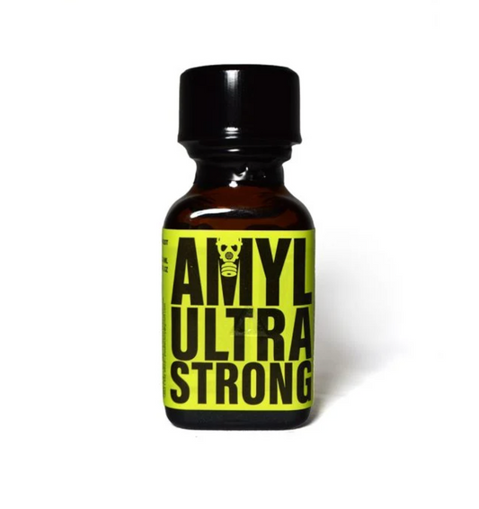 Amyl ultra strong 24ml poppers bottle with a black lid on a white background.