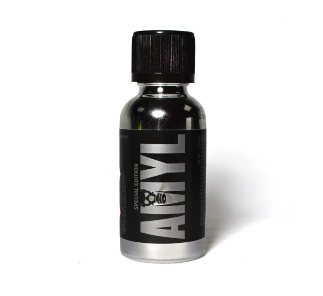 Special edition 30ml Amyl poppers in a black and silve bottle on a white background.