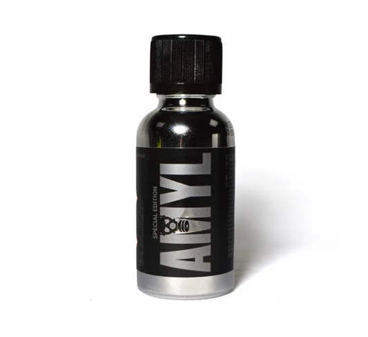Special edition 30ml Amyl poppers in a black and silve bottle on a white background.