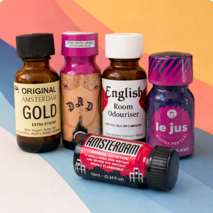 Amsterdam Gold, Amsterdam Dad, English Room Odoriser, and Le Jus collection of poppers