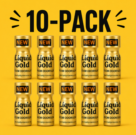 Gold promotional image of a 10-pack of new Liquid Gold room odoriser 