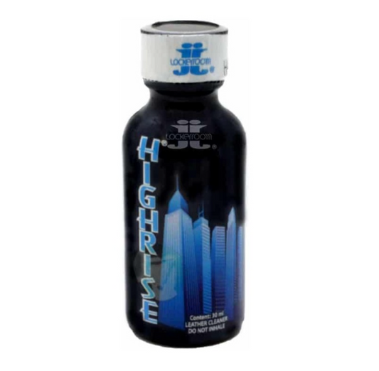 Lockerroom Highrise poppers bottle with a skyline-themed label and a white cap 