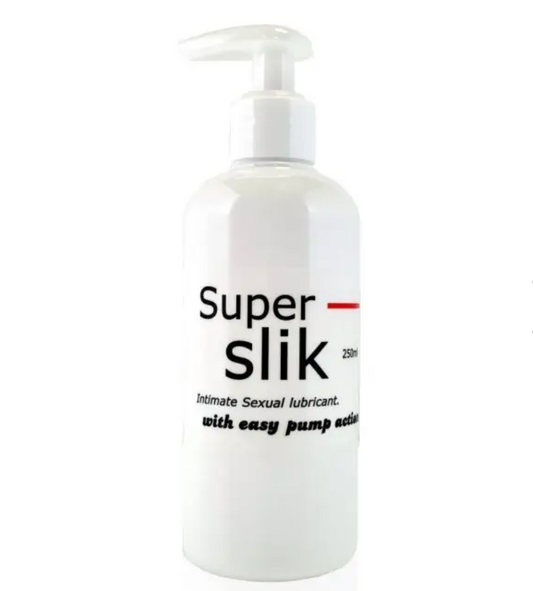 Super Slik sexual lubricant 250ml white dispensing bottle on a white background