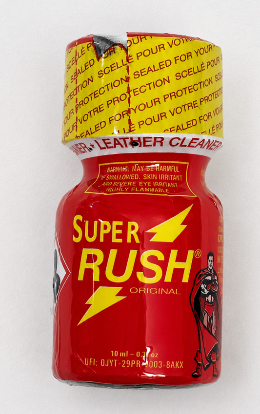 10ml red Super Rush Original poppers bottle with a yellow cap on a white background