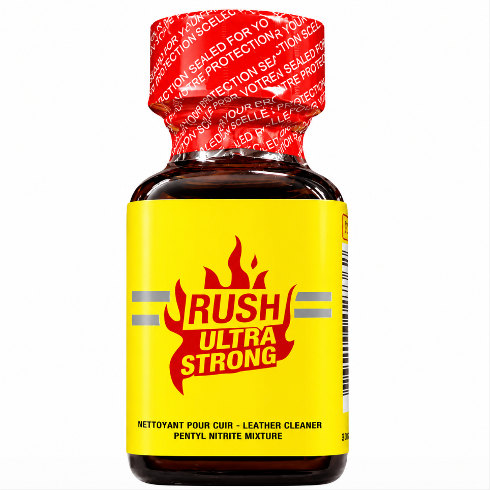 Rush Ultra Strong Leather Cleaner poppers bottle with a yellow label and a red cap