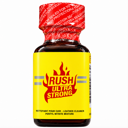 Rush Ultra Strong Leather Cleaner poppers bottle with a yellow label and a red cap