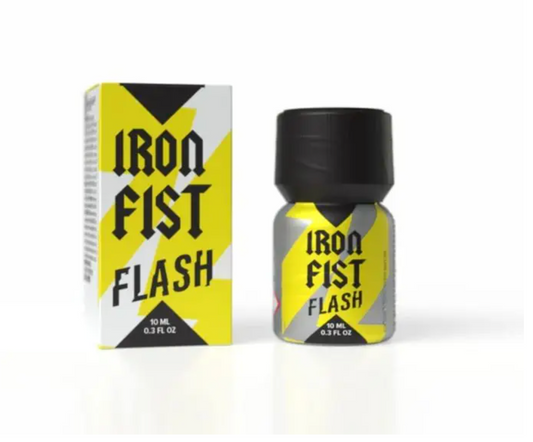 Iron Fist Flash 10ml poppers bottle and packaging in a yellow, white, & black colourscheme