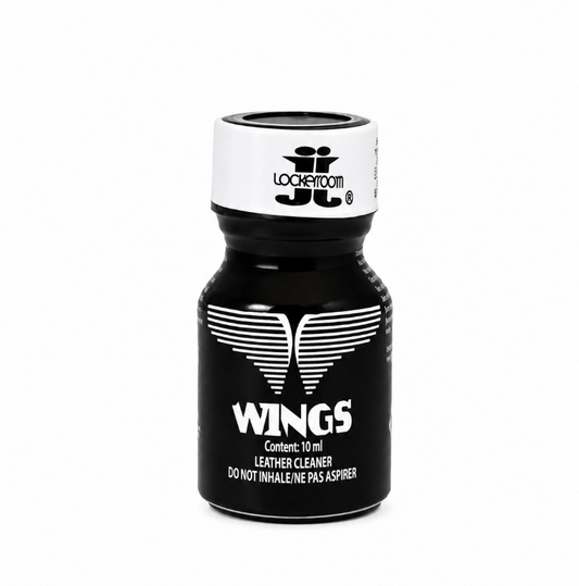Black Lockerroom Wings leather cleaner poppers 10ml bottle with a white cap
