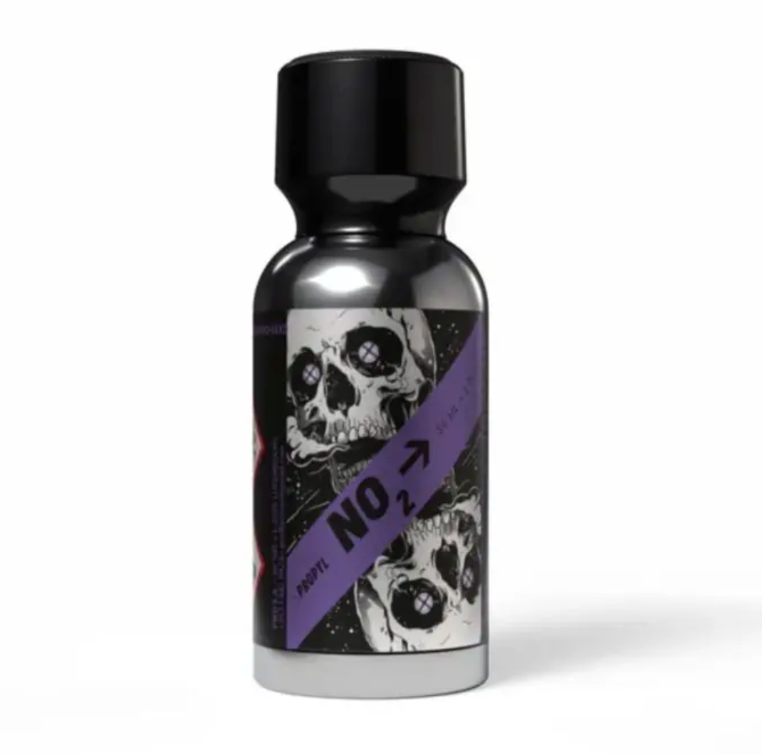 Skull-labelled black NO2 poppers bottle with a purple stripe and a black lid.