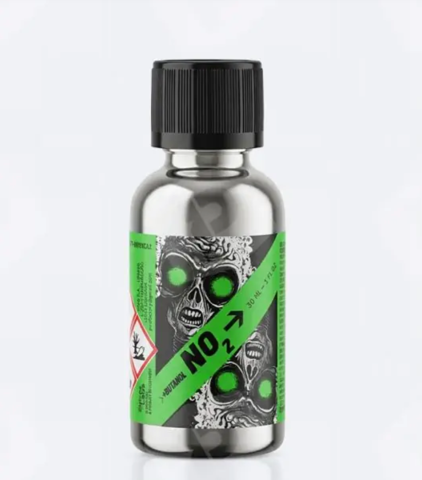 Black No2 poppers bottle with a skull on the label on a white background.