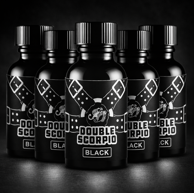 Five bottles of Double Scorpio Black poppers on a dark background.