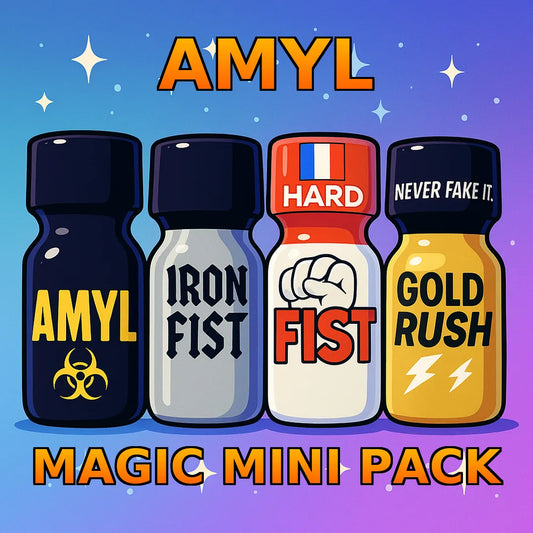 Selection of Amyl poppers including Iron Fist & Gold Rush on a sparkly blue background
