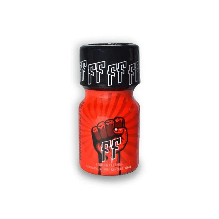 FF Leather Cleaner red 10ml poppers bottle with a black lid on a white background