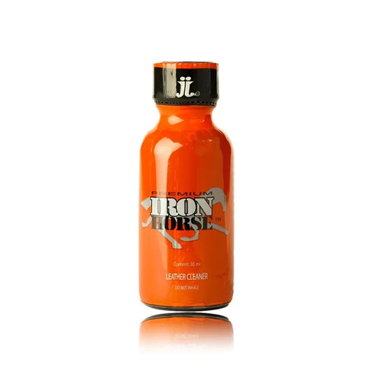 Premium 'Iron Horse' Leather Cleaner orange 30ml poppers bottle on a white background