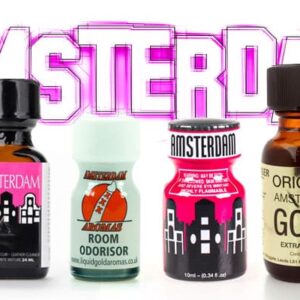 A colorful array of Amsterdam Pack-themed room odorizer bottles with vivid graphics against a bright background, featuring stylized text "Amsterdam Pack.