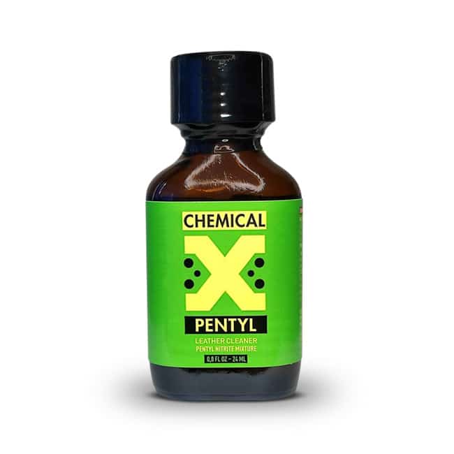 A bottle of Chemical X Pentyl Poppers 24ml leather cleaner with a bright green label and black cap on a white background.