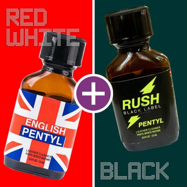 Contrast of colors: the stark red, white, and blue of english pentyll next to the bold black of red white & black poppers leather cleaner.