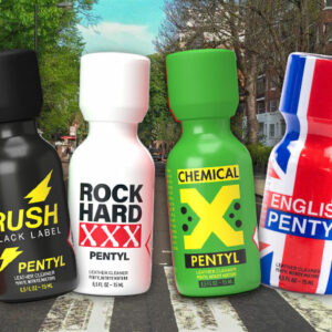 A selection of colorful popper bottles displayed with an urban street backdrop, each branded with "The Fab Four" as a unique name and design.