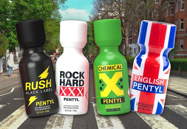 A selection of colorful popper bottles displayed with an urban street backdrop, each branded with "The Fab Four" as a unique name and design.