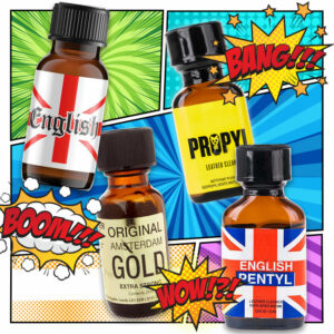 A vibrant and comic book-style advertisement inspired by "The Fantastic Four" featuring a collection of four bottles with various labels such as "english," "propyl," "amsterdam gold," and "english".
